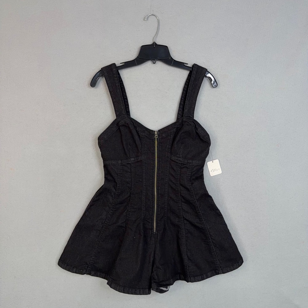 Free People We The Free Romper Womens 10 Black Denim Delancey Flare Boho Edgy